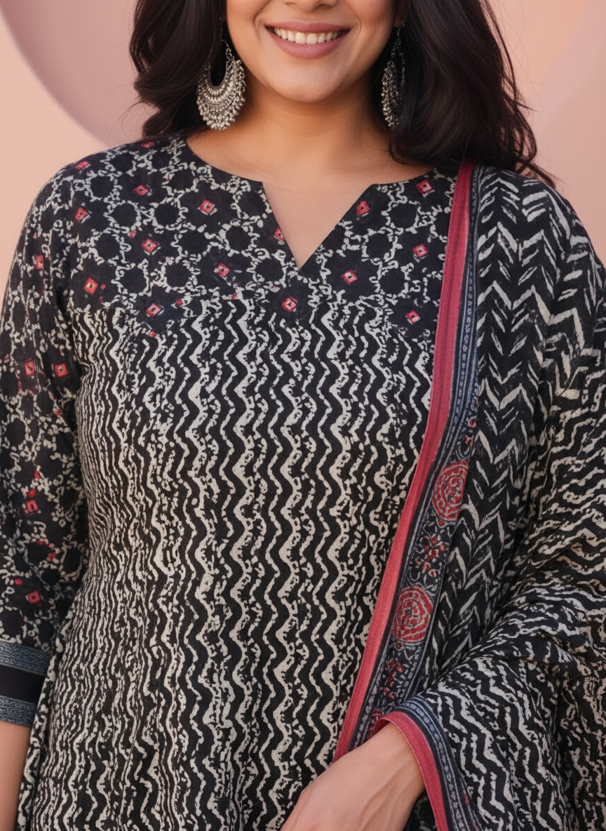 Embroidered Viscose Placement Print Straight Black Kurta