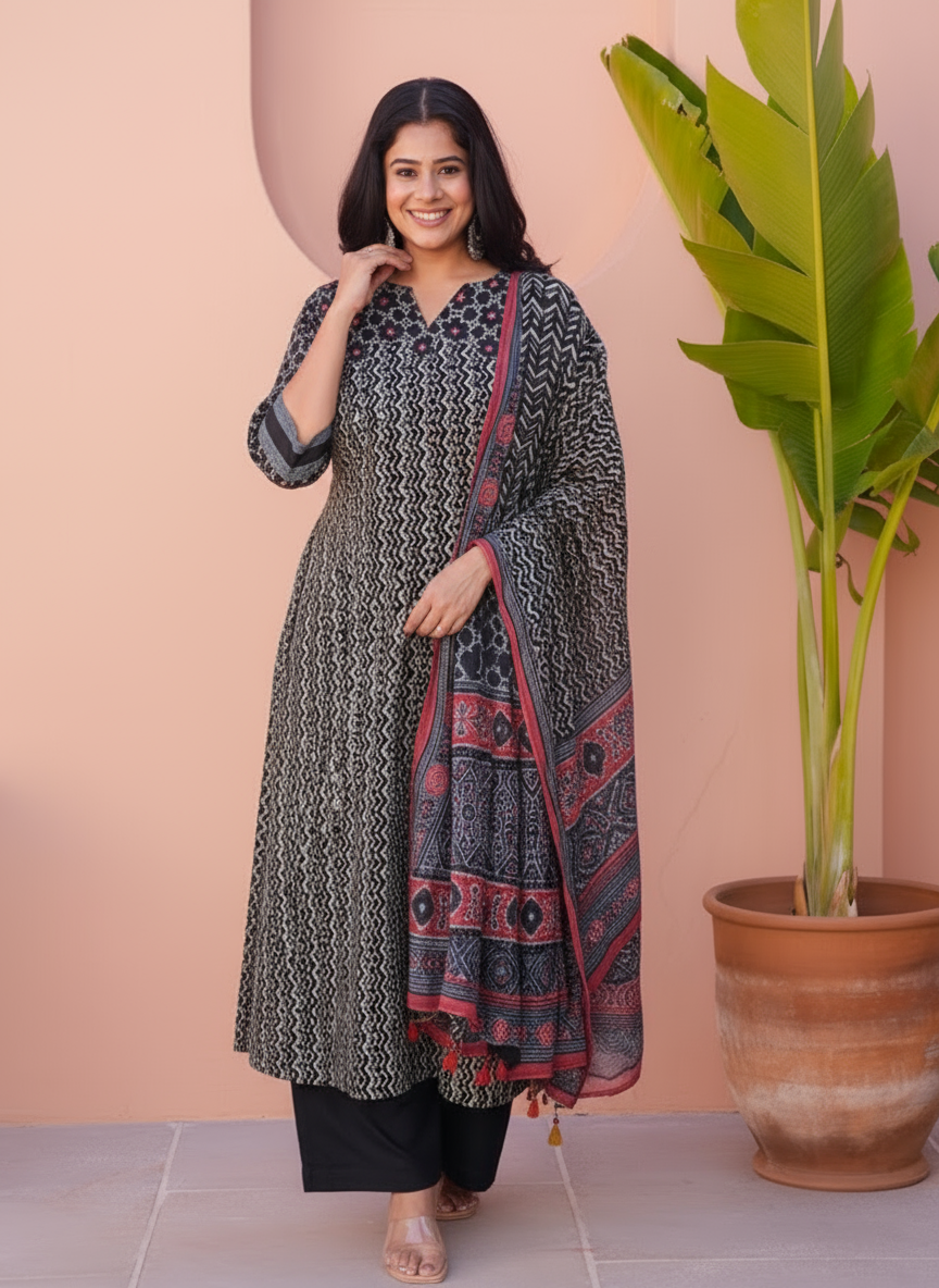 Embroidered Viscose Placement Print Straight Black Kurta