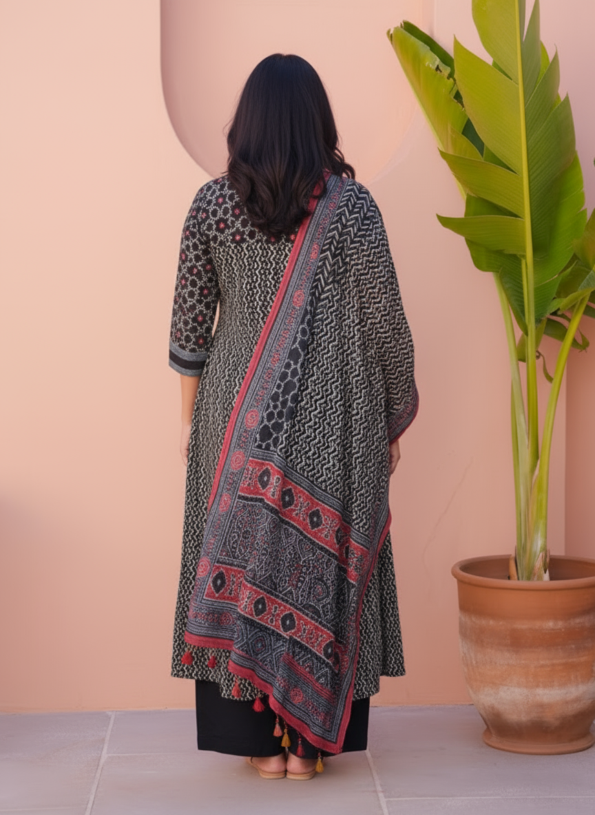 Embroidered Viscose Placement Print Straight Black Kurta