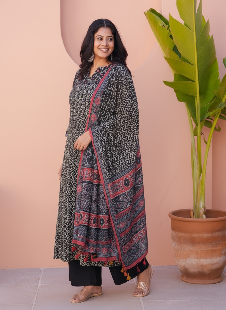Embroidered Viscose Placement Print Straight Black Kurta