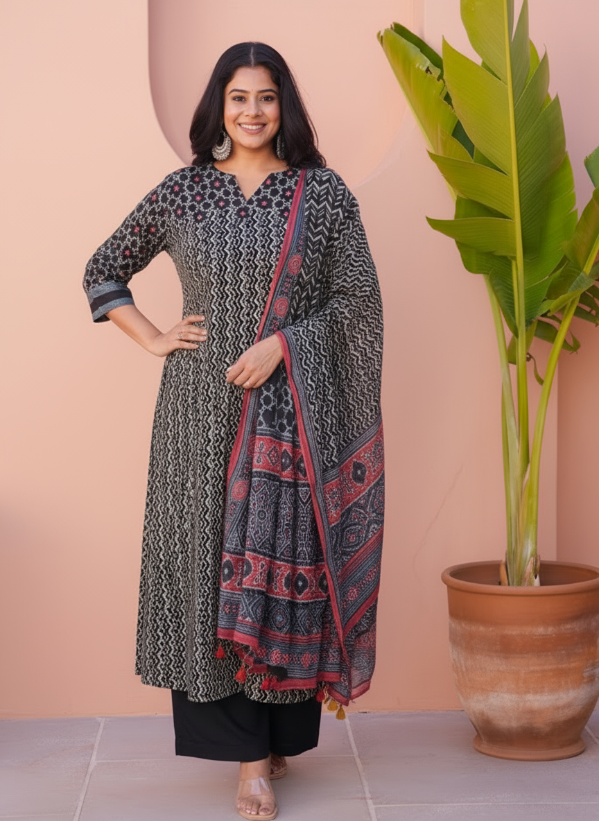 Embroidered Viscose Placement Print Straight Black Kurta