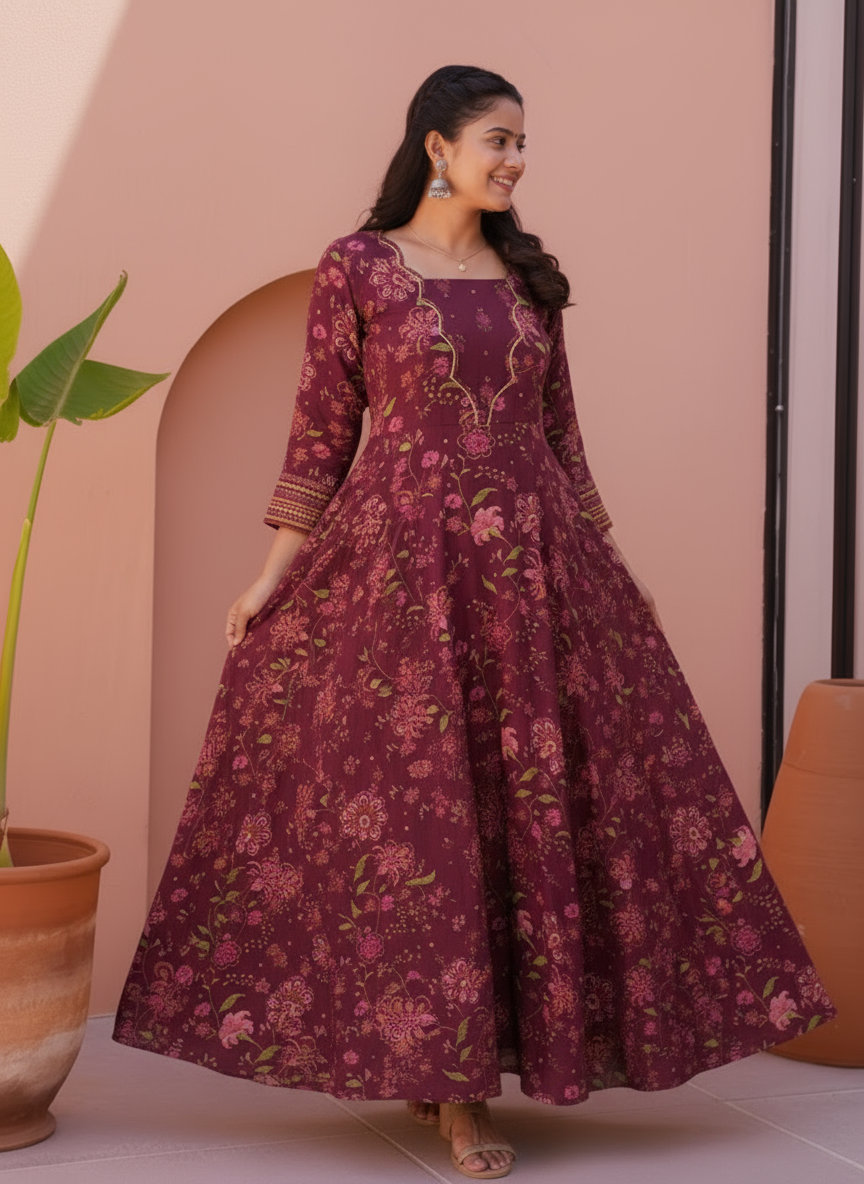 Viscose Floral Anarkali Wine Dress