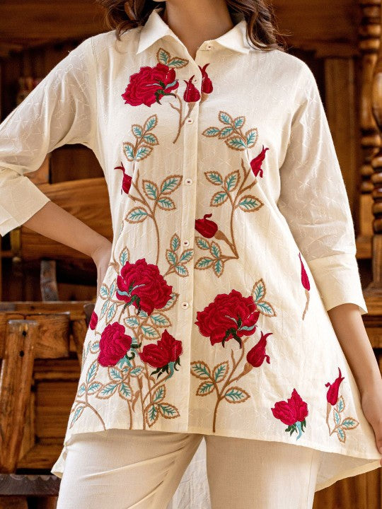 Indo Era Floral Embroidered Thread Work Pure Cotton Shirt with Trousers
