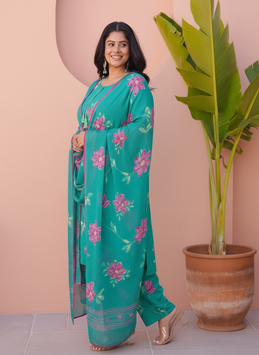 Soft Cotton Placement Print Straight Turquoise Kurta