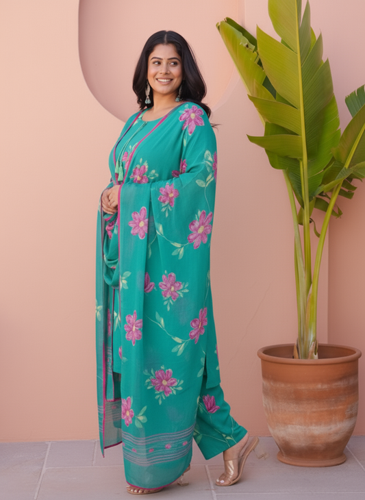 Soft Cotton Placement Print Straight Turquoise Kurta