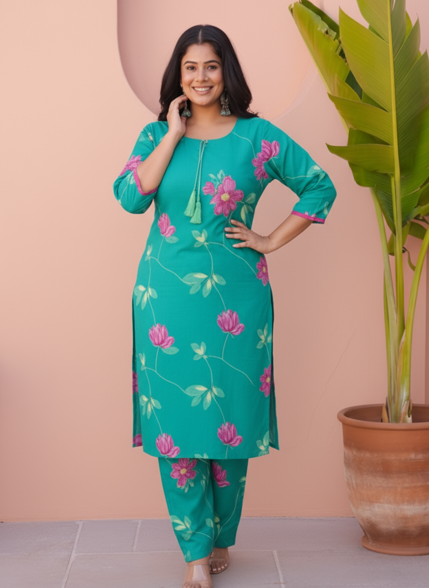 Soft Cotton Placement Print Straight Turquoise Kurta