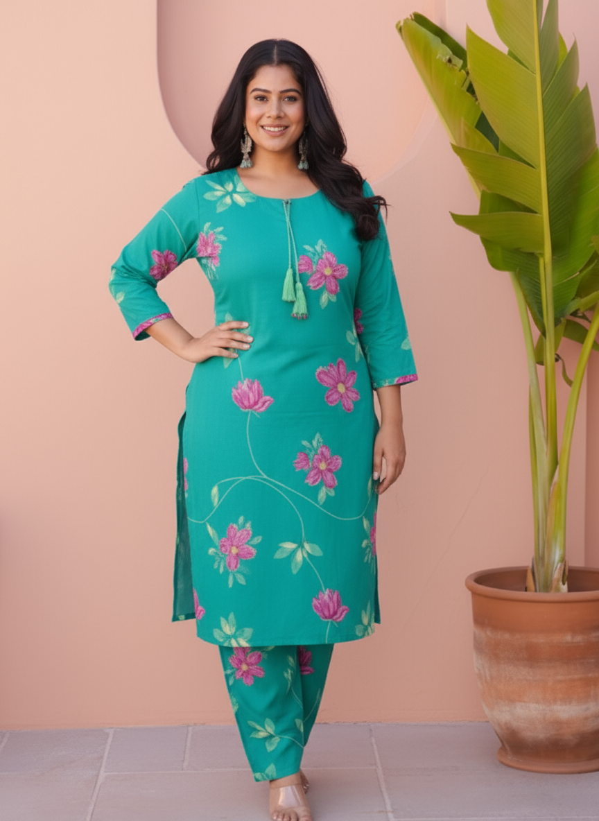 Soft Cotton Placement Print Straight Turquoise Kurta