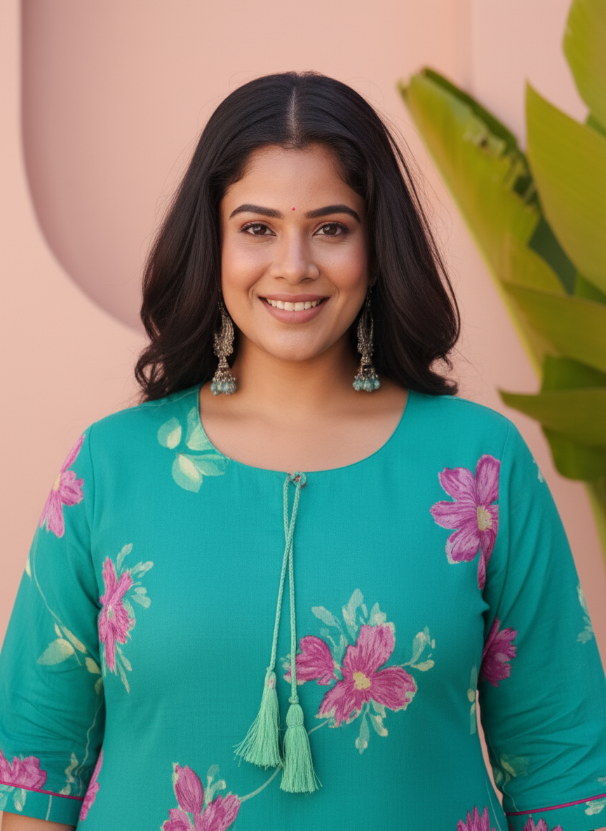 Soft Cotton Placement Print Straight Turquoise Kurta