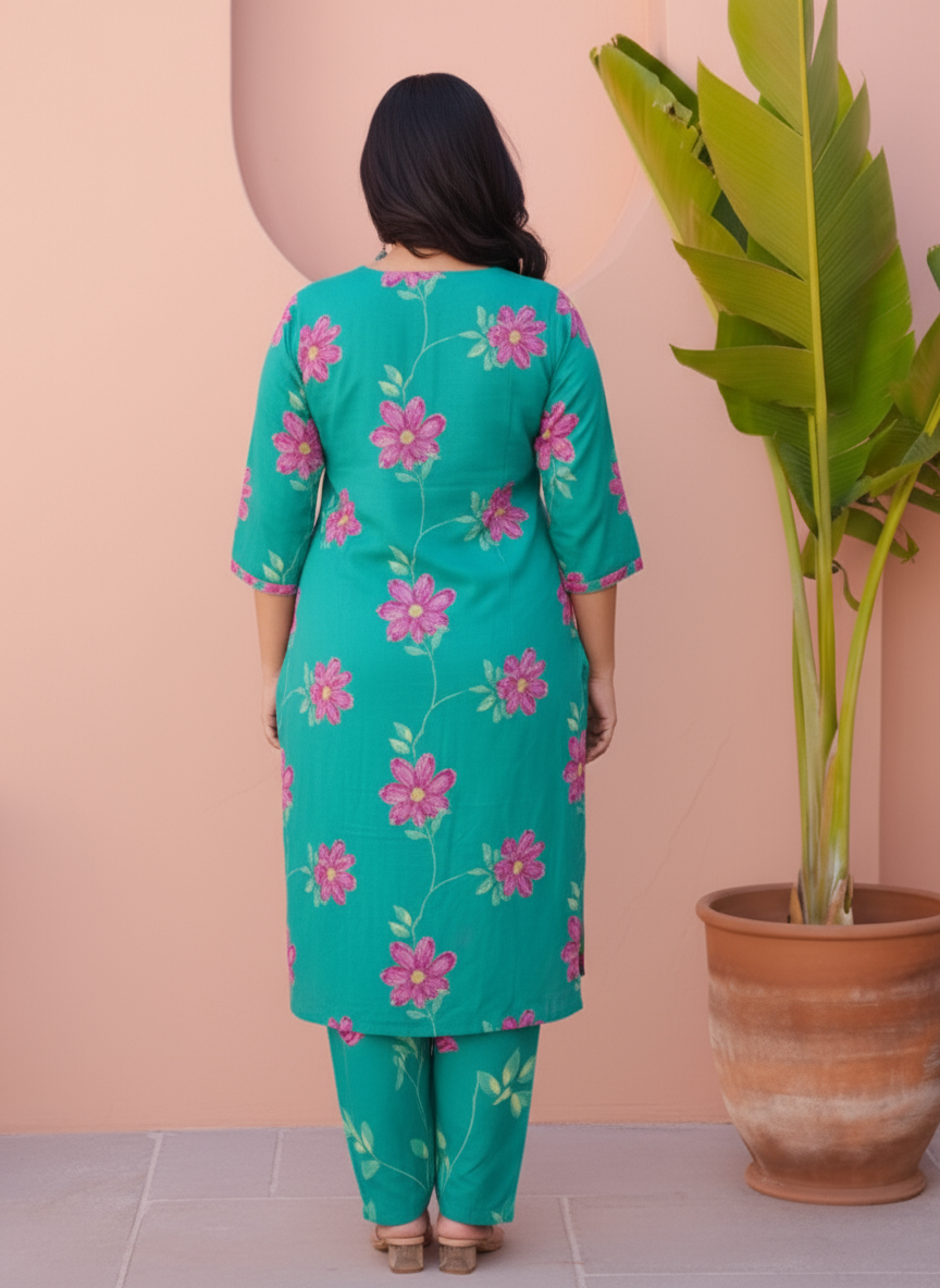 Soft Cotton Placement Print Straight Turquoise Kurta