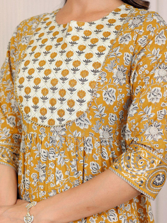 GULAB CHAND TRENDS Floral Printed Notch Neck Cotton Fit & Flare Midi Ethnic Dress