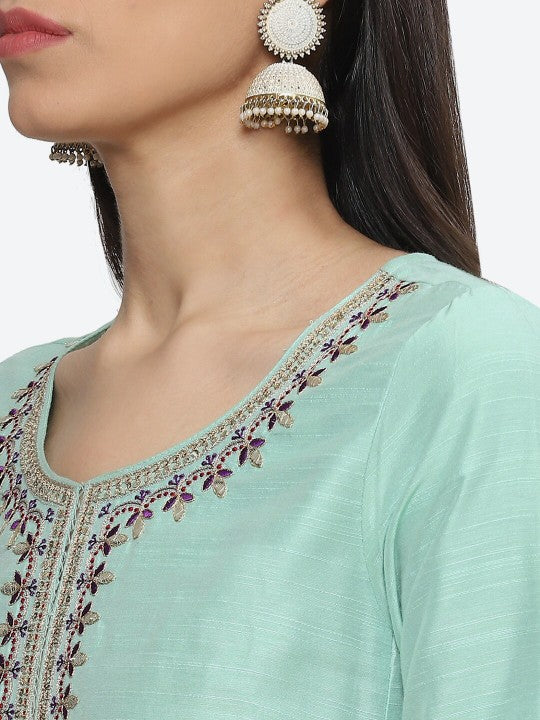 Biba Ethnic Motifs Embroidered Zari Pure Cotton Kurta with Palazzos & Dupatta
