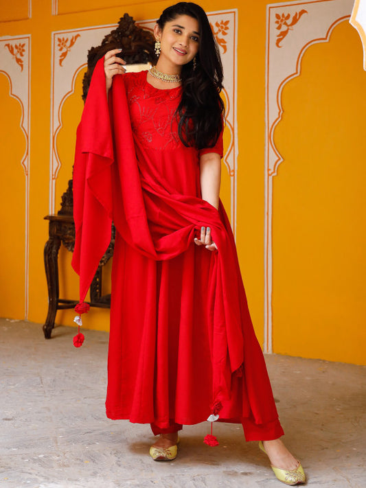 Thread & Button Women Red Embroidered Kurta with Trousers & With Dupatta