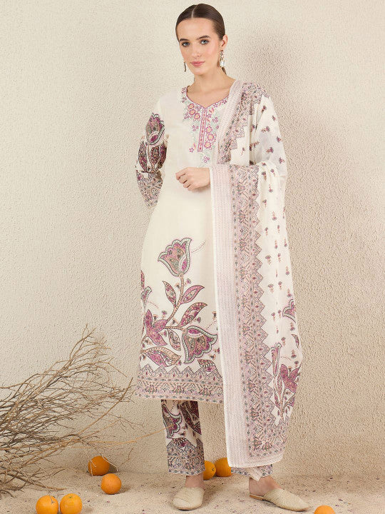 Indo Era Women Floral Printed Cotton Kurta with Trousers & Dupatta