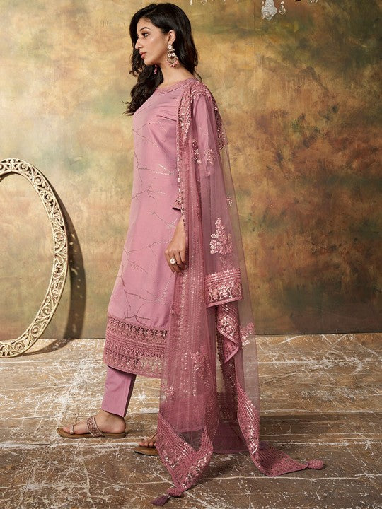 Inddus Abstract Printed Regular Sequinned Pure Silk Kurta with Trousers & Dupatta