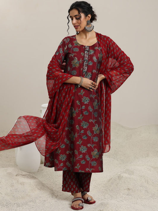 Floral Printed Thread Work Straight Kurta With Trousers And Dupatta