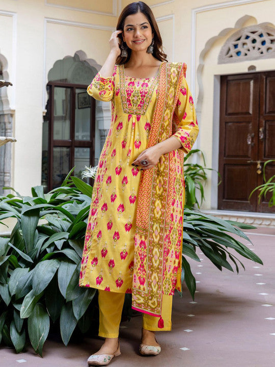 Indo Era Women Printed Panelled Sequinned Pure Cotton Kurta with Trousers & With Dupatta