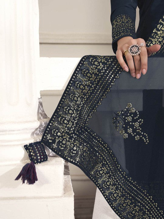 Inddus Abstract Printed Round Neck Sequinned Straight Kurta