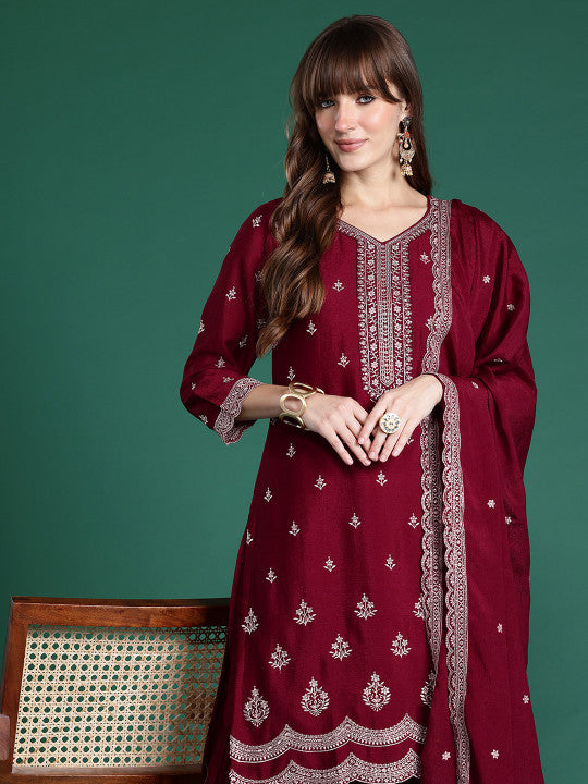 Indo Era Ethnic Motifs Embroidered Kurta with Sharara & Dupatta