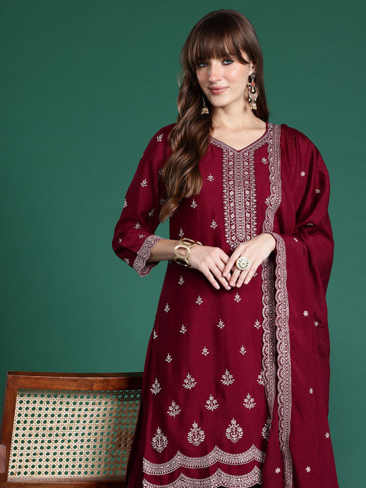 Indo Era Ethnic Motifs Embroidered Kurta with Sharara & Dupatta
