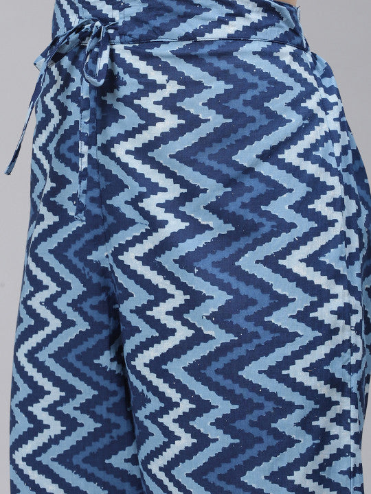 AHIKA Women Blue & Off-White Ethnic Motifs Print Cotton Kurta with Trousers & Dupatta