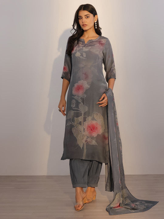 Floral Printed Straight Kurta with Salwar & With Dupatta