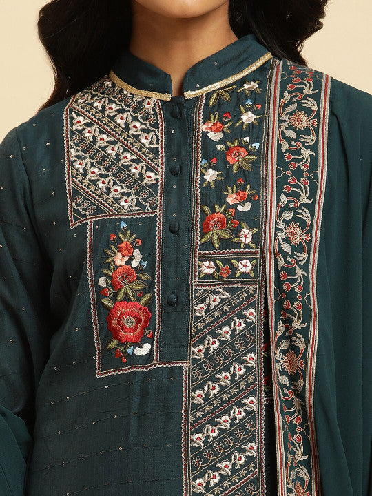 WISHFUL Floral Embroidered Mandarin Collar Kurta with Trousers & Dupatta