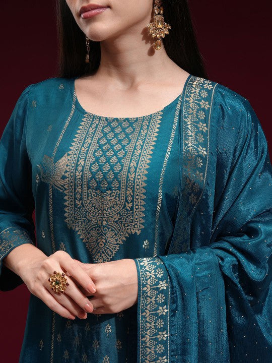 Vishudh Women Ethnic Motifs Zari Jacquard Regular Kurta with Palazzos & Dupatta