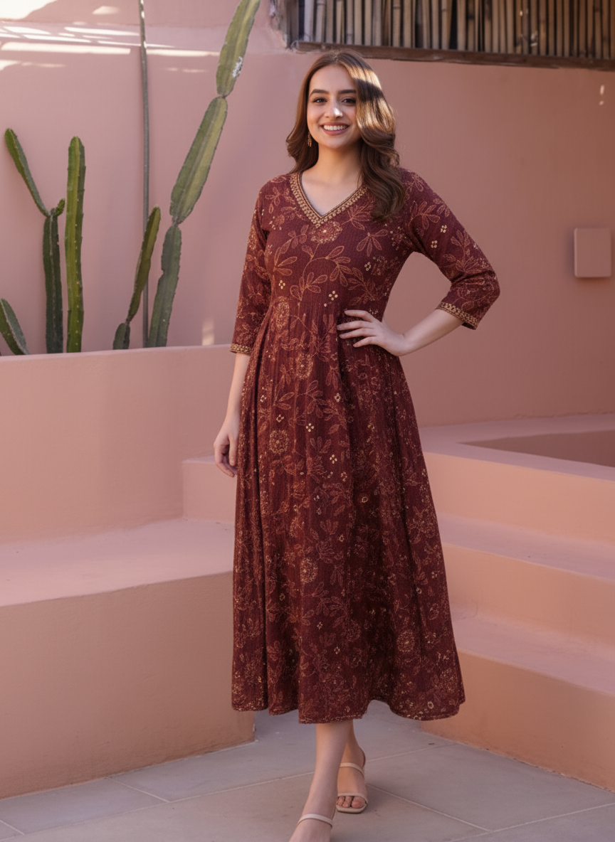 Soft Cotton Ikat Anarkali Maroon Dress