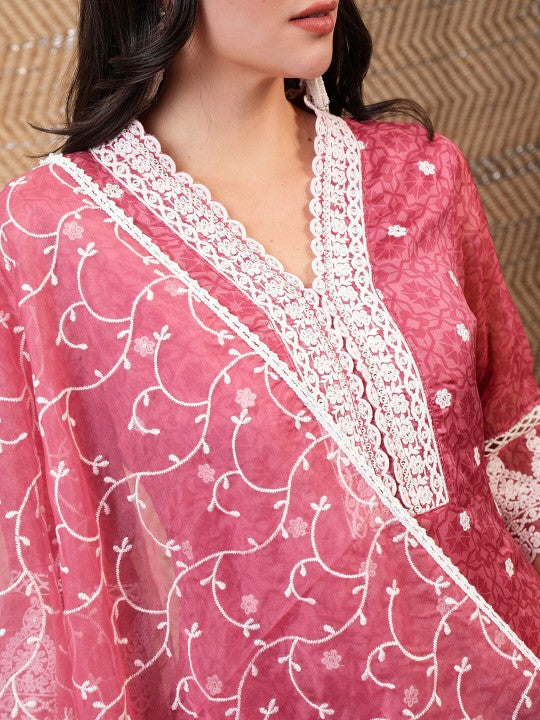 Vishudh Rose Floral Embroidered Straight Kurta & Trousers With Dupatta