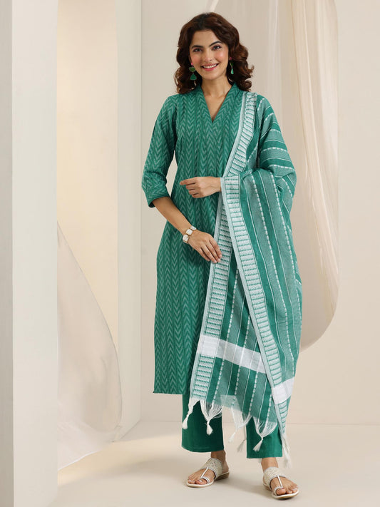 Green Woven Straight Kurta with Pant and Dupatta (Set of 3)