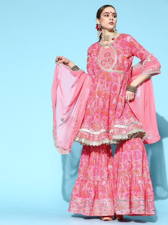 Ishin Floral Printed Pure Cotton Short Kurti with Sharara