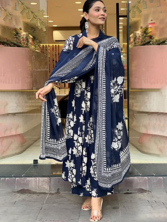 GoSriKi Floral Printed V-Neck A-Line Kurta With Palazzos And Dupatta