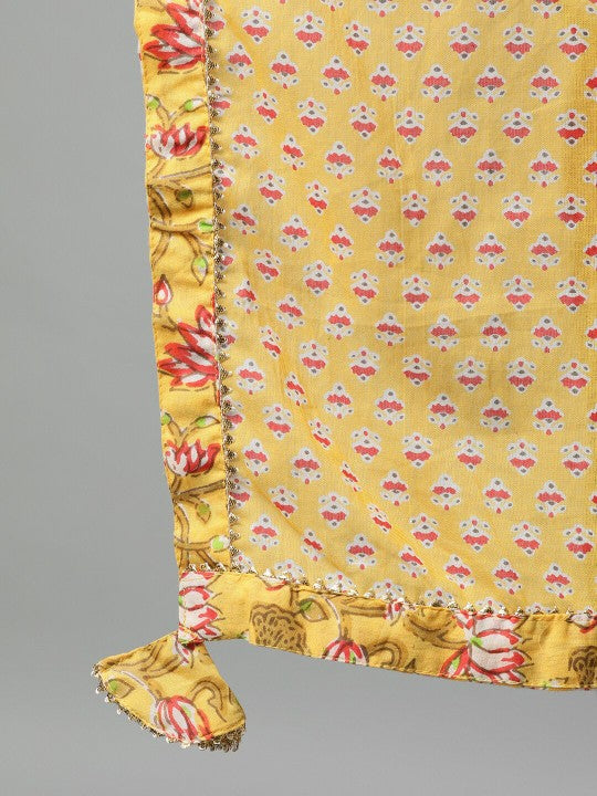 Ishin Women Yellow & Red Embroidered Kurta with Skirt & Dupatta