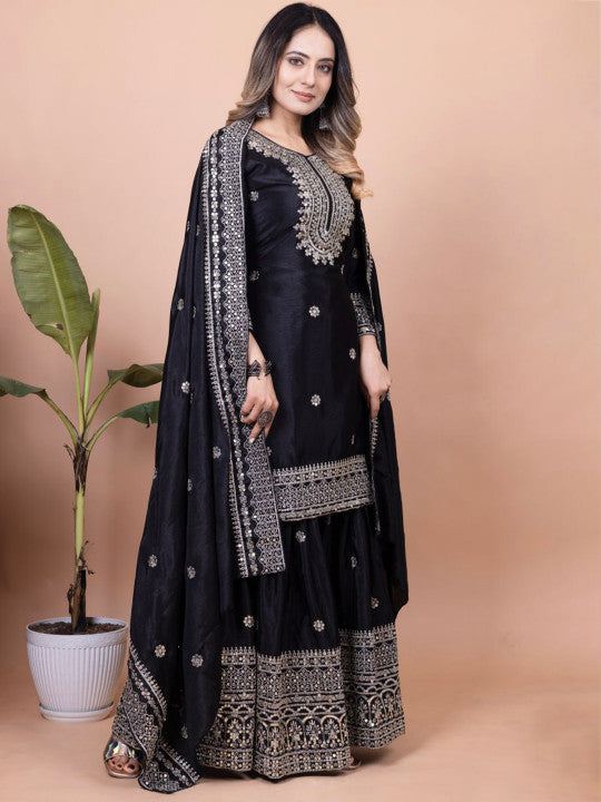 TEEYA CREATION Floral Embroidered Thread Work Kurta With Sharara & Dupatta