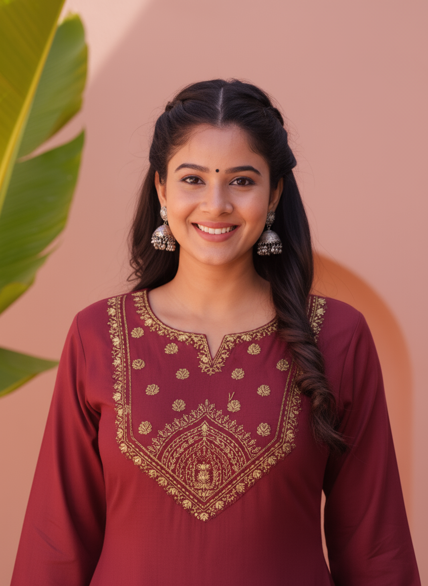 Embroidered Linen Cotton Solid Straight Rust Kurta