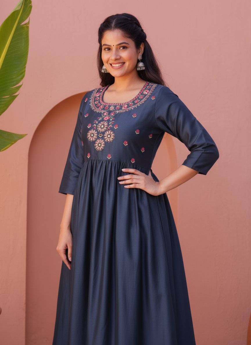 Embroidered Silk Crepe Solid Flared Blue Kurta