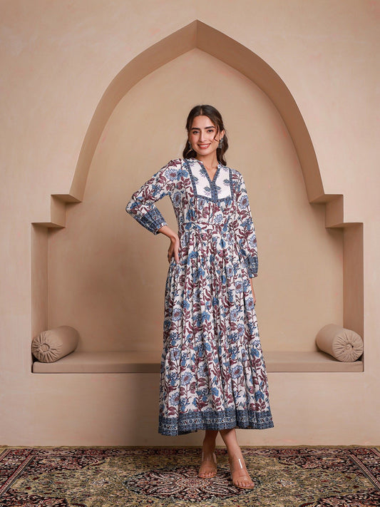 Blue Floral Printed Bishop Sleeves Ethnic A-Line Dress (Set of 2)