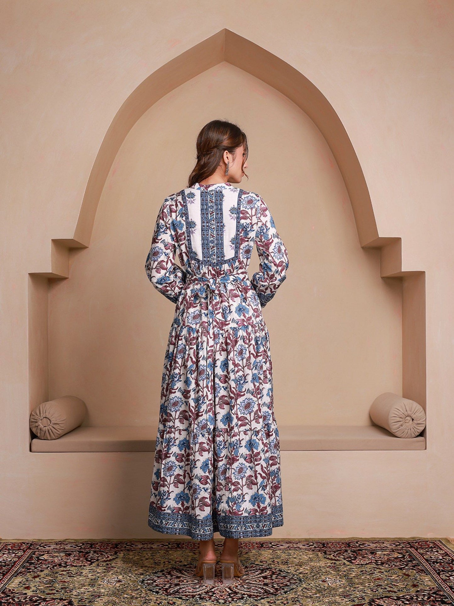 Blue Floral Printed Bishop Sleeves Ethnic A-Line Dress (Set of 2)