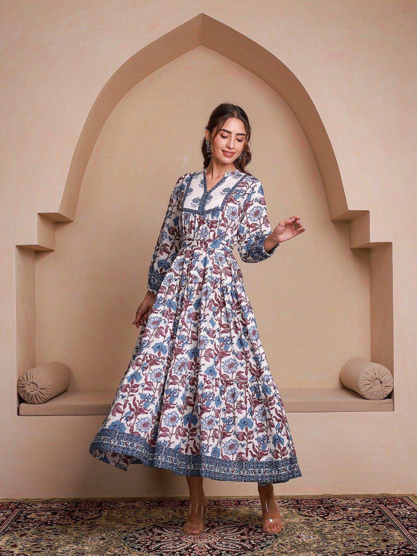 Blue Floral Printed Bishop Sleeves Ethnic A-Line Dress (Set of 2)