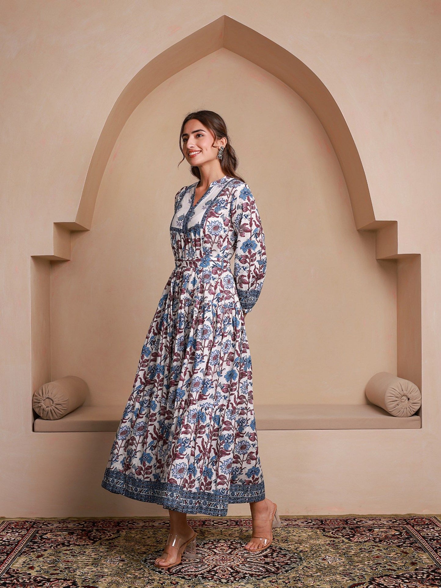 Blue Floral Printed Bishop Sleeves Ethnic A-Line Dress (Set of 2)