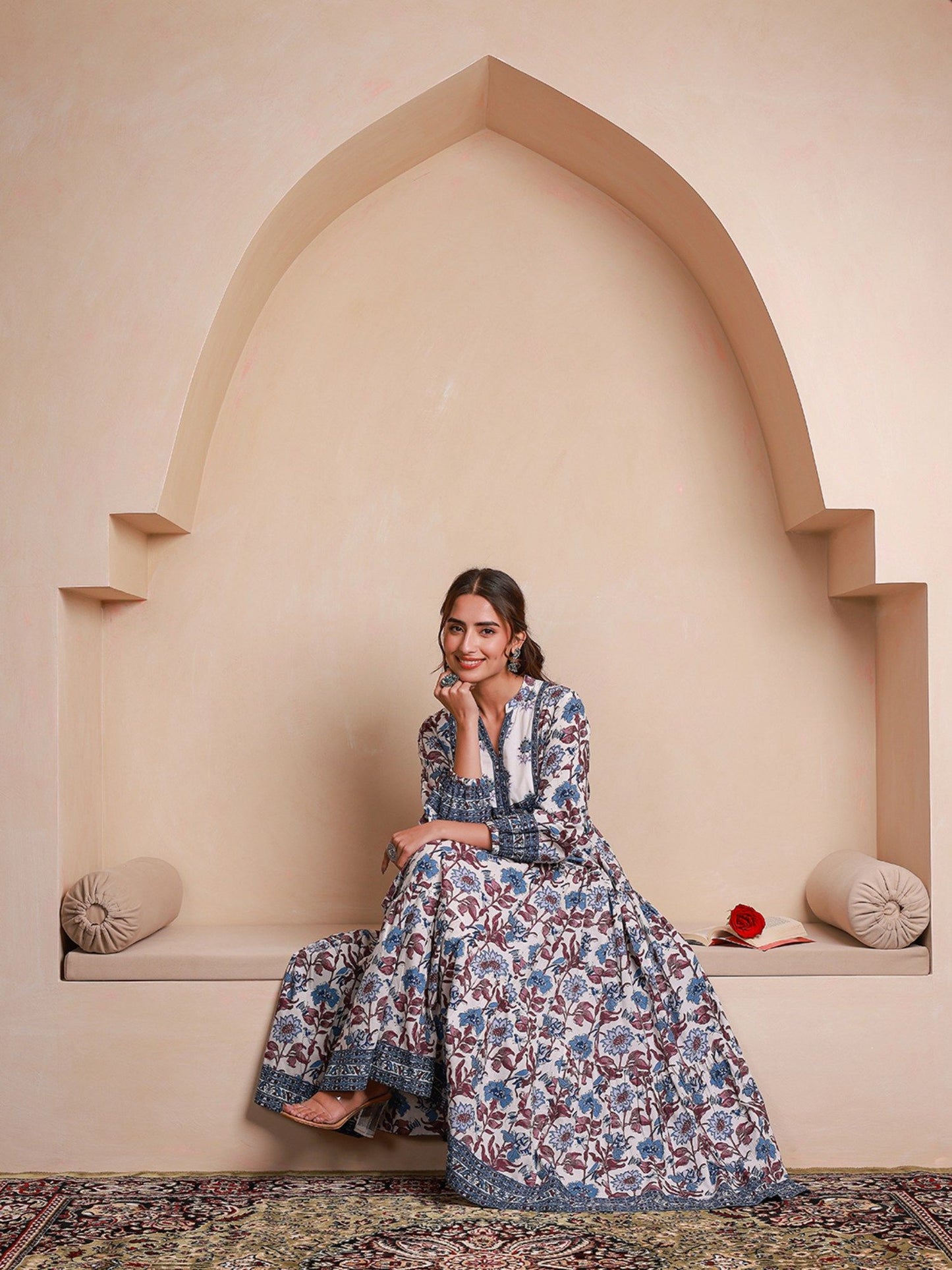 Blue Floral Printed Bishop Sleeves Ethnic A-Line Dress (Set of 2)