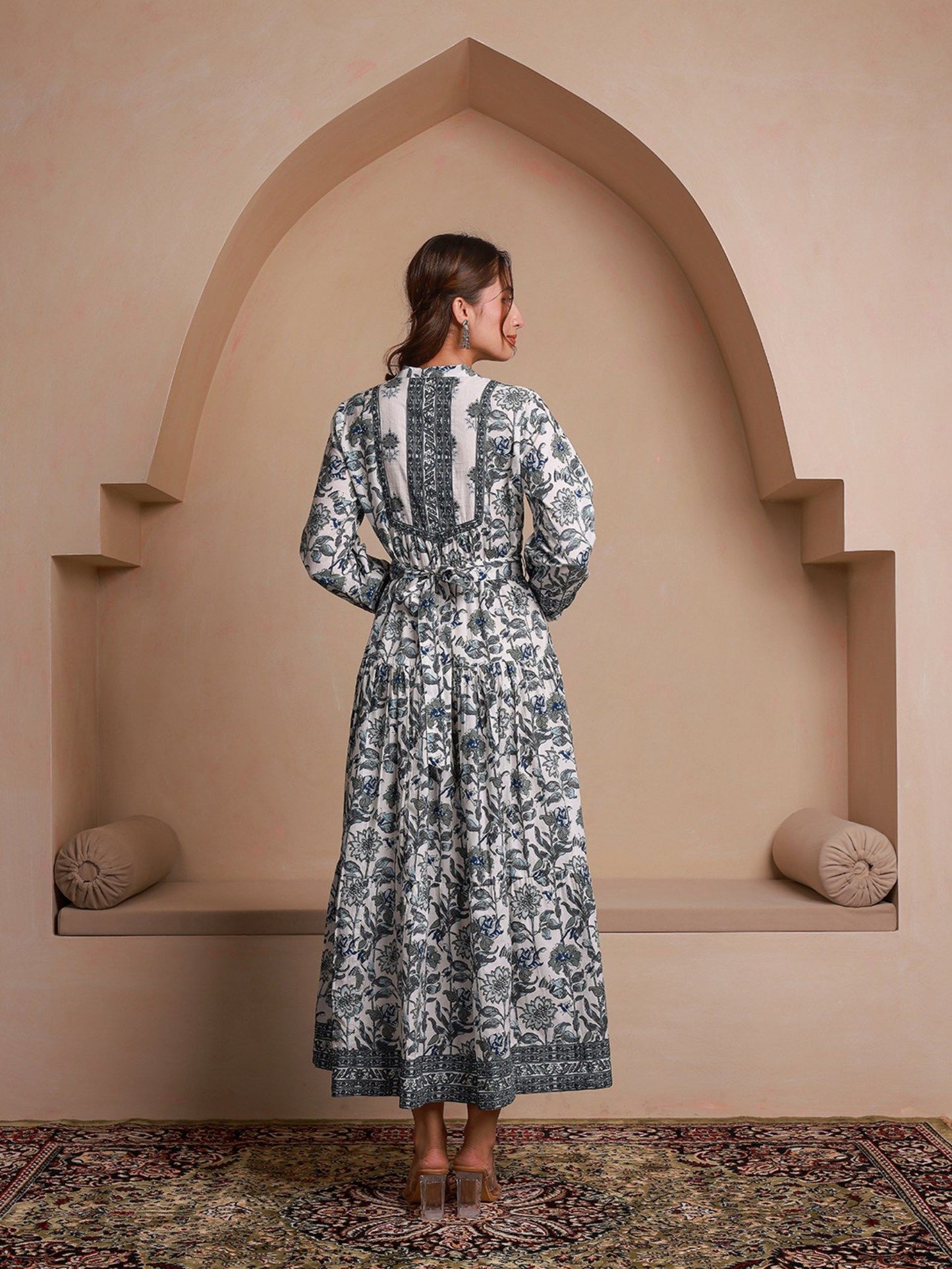 Grey Floral Printed Bishop Sleeves Ethnic A-Line Dress (Set of 2)