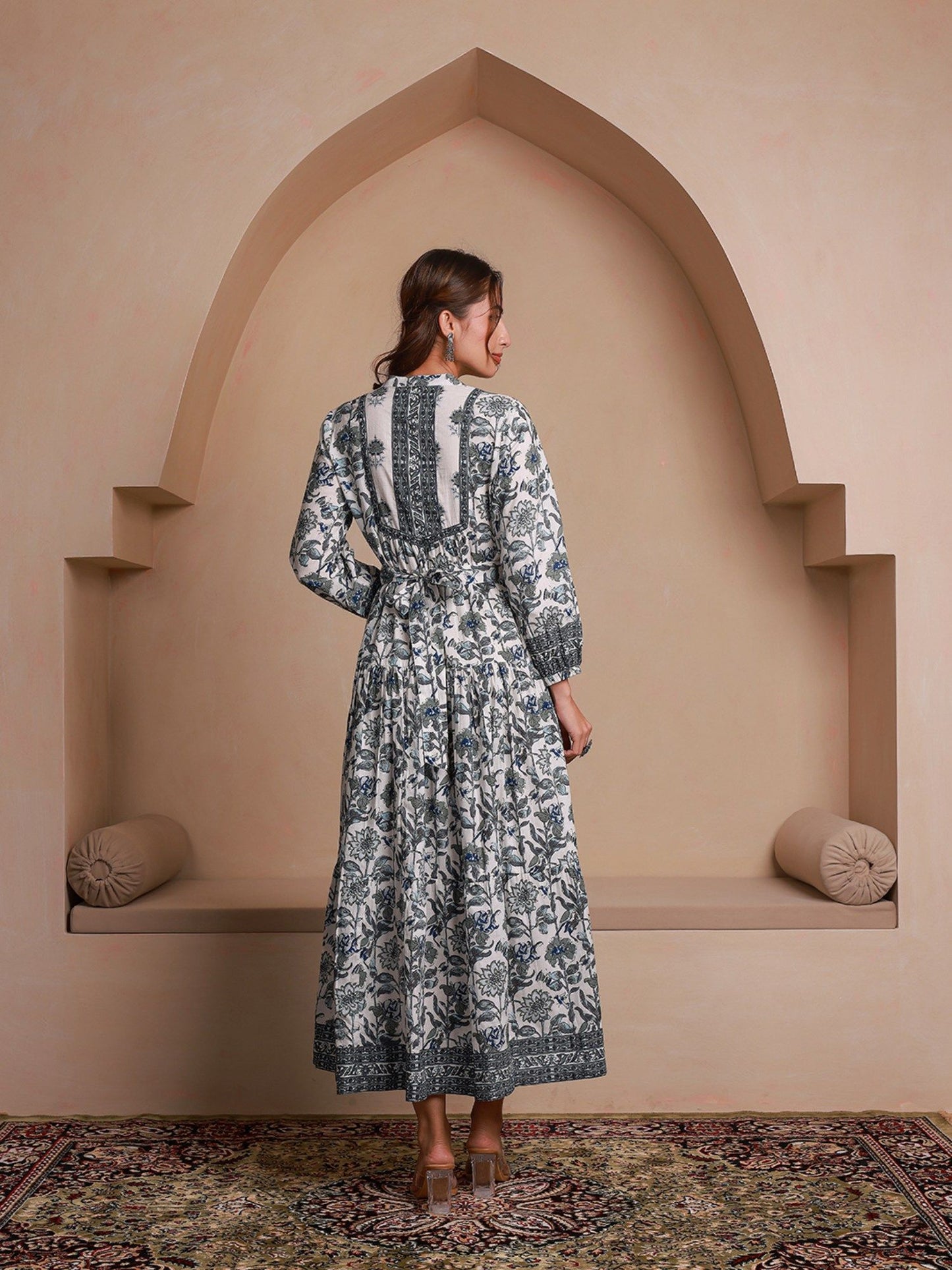 Grey Floral Printed Bishop Sleeves Ethnic A-Line Dress (Set of 2)