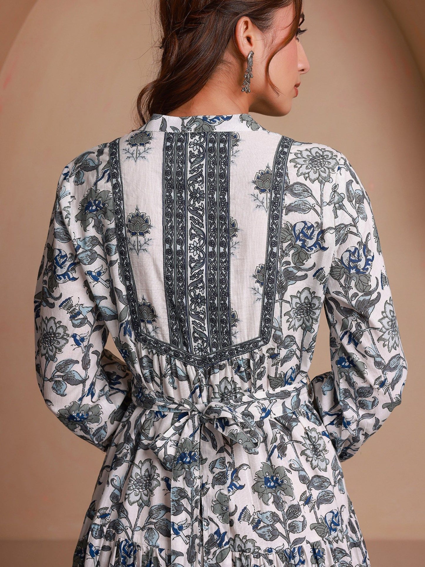 Grey Floral Printed Bishop Sleeves Ethnic A-Line Dress (Set of 2)