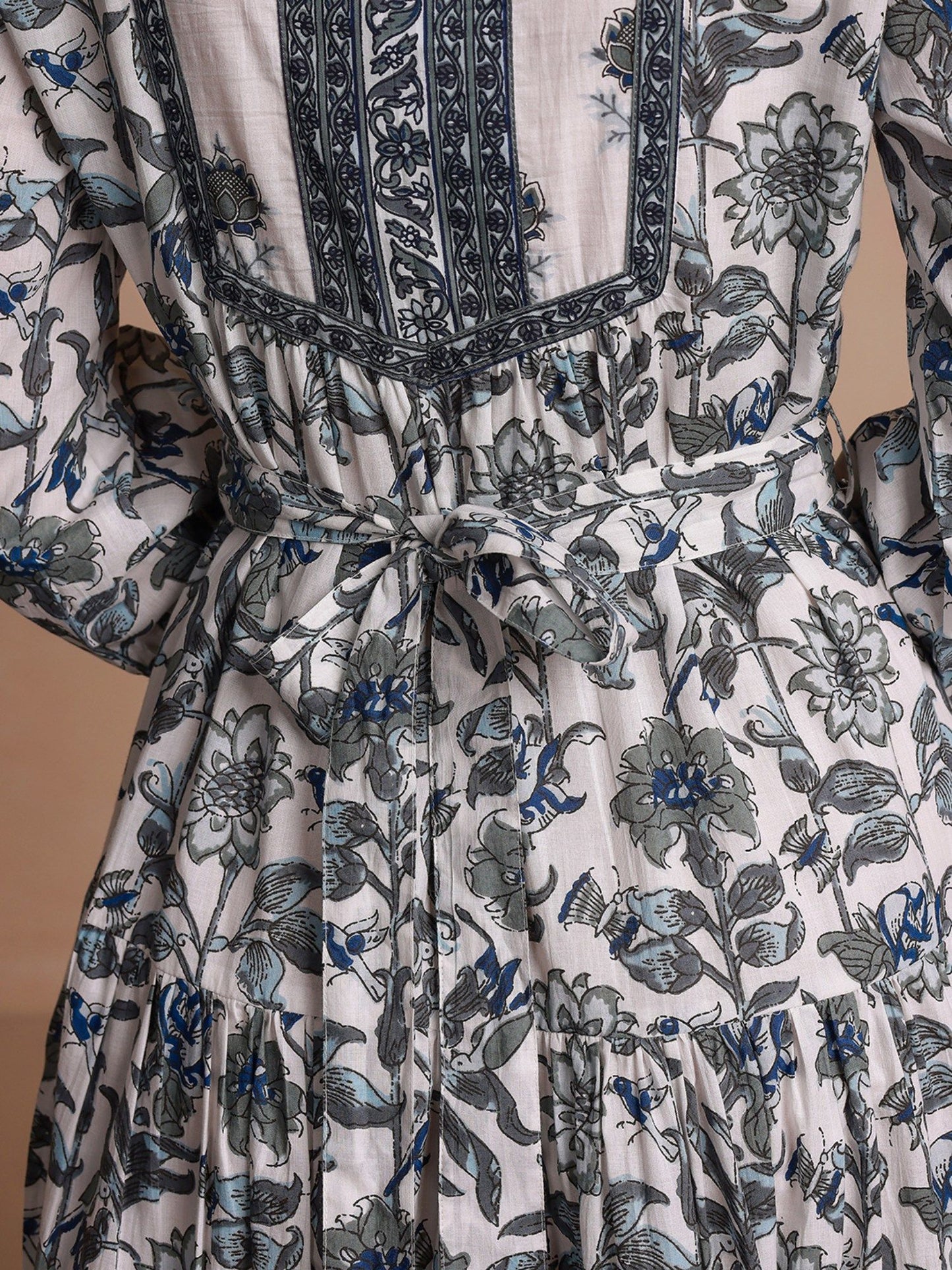 Grey Floral Printed Bishop Sleeves Ethnic A-Line Dress (Set of 2)
