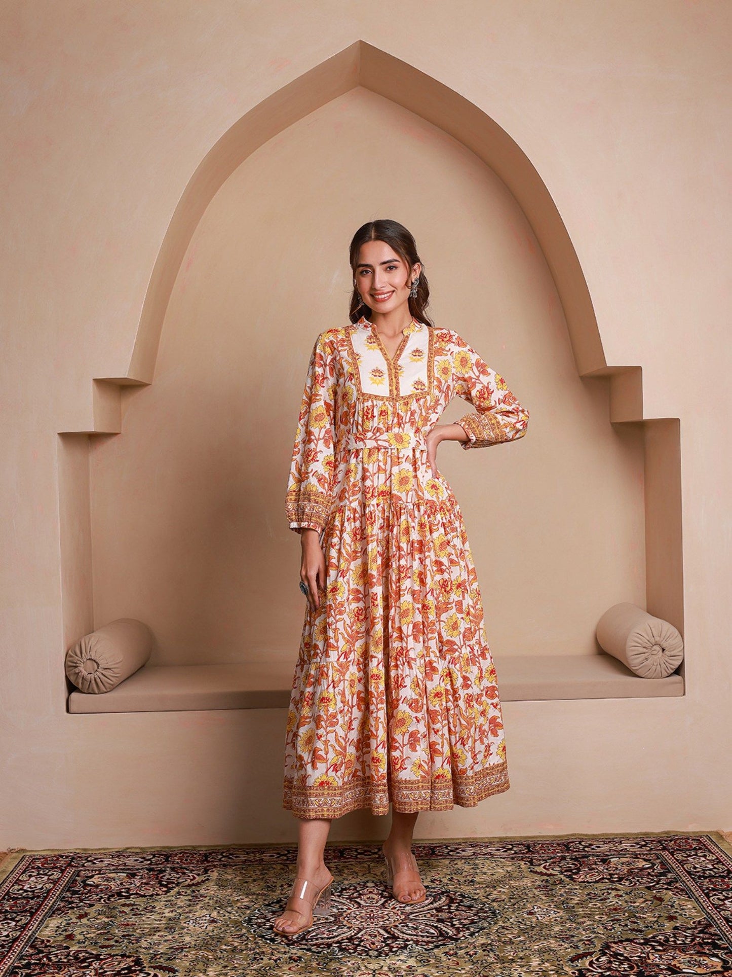 Yellow Floral Printed Bishop Sleeves Ethnic A-Line Dress (Set of 2)