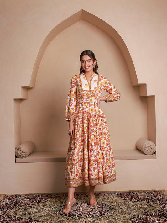 Yellow Floral Printed Bishop Sleeves Ethnic A-Line Dress (Set of 2)