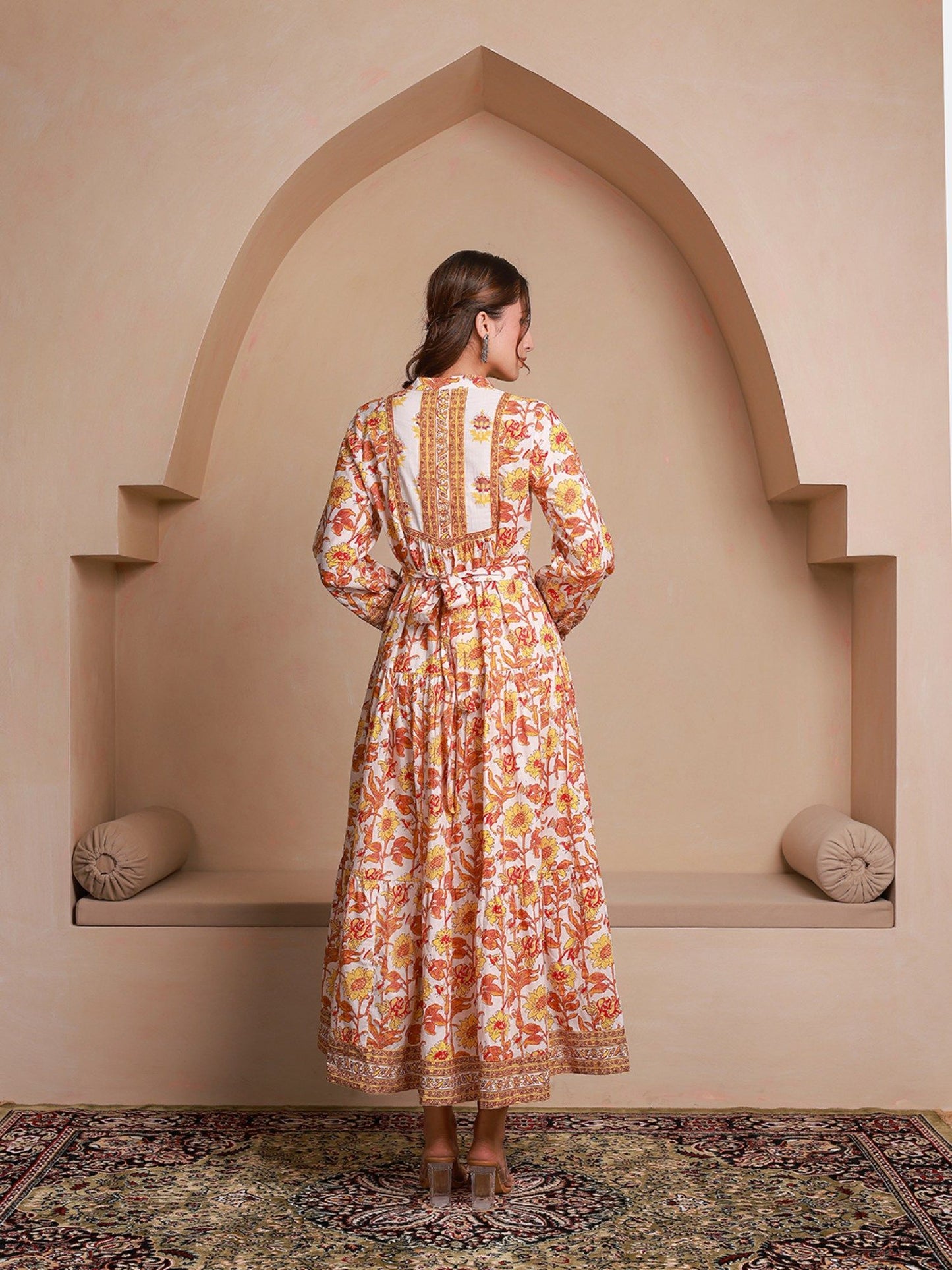 Yellow Floral Printed Bishop Sleeves Ethnic A-Line Dress (Set of 2)