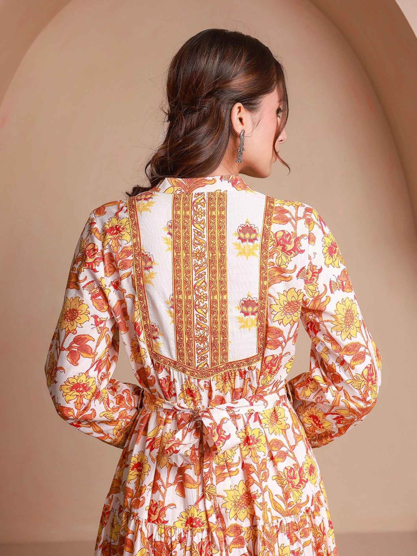 Yellow Floral Printed Bishop Sleeves Ethnic A-Line Dress (Set of 2)