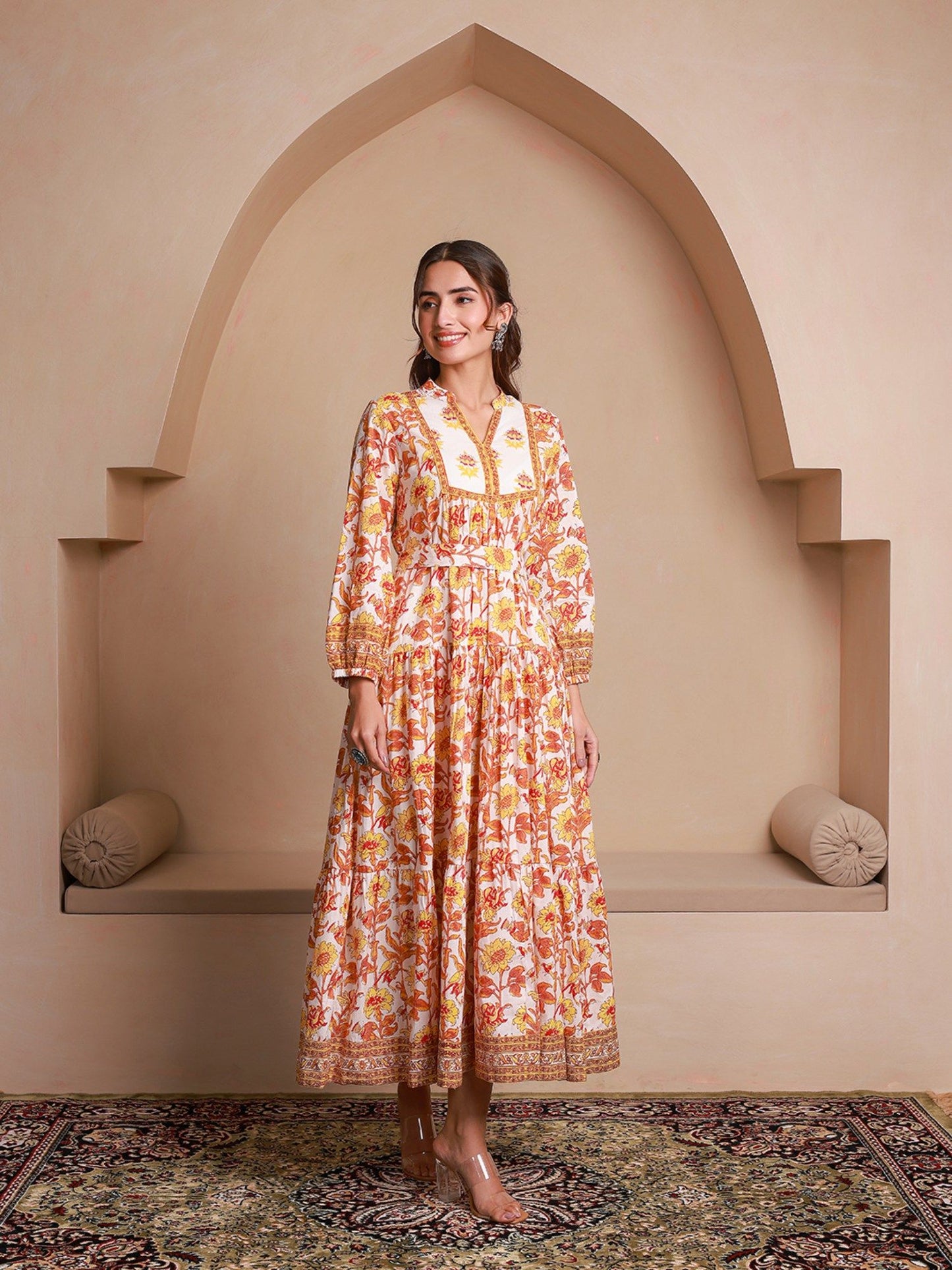 Yellow Floral Printed Bishop Sleeves Ethnic A-Line Dress (Set of 2)